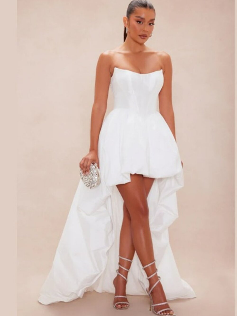 NWT White Aurora High Low Taffeta Dress + NWOT White Pearl 2 Tier Veil Sz XS